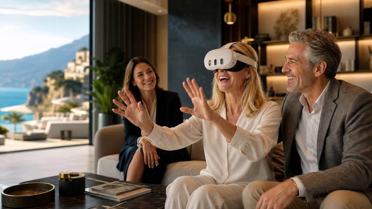 Ein Paar erlebt sein mediterranes Reiseziel mit einer VR-Brille in persönlicher Beratung